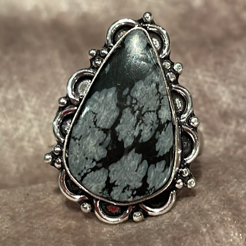 Genuine Snowflake Obsidian Ring Adjustable size 9-9 1/2